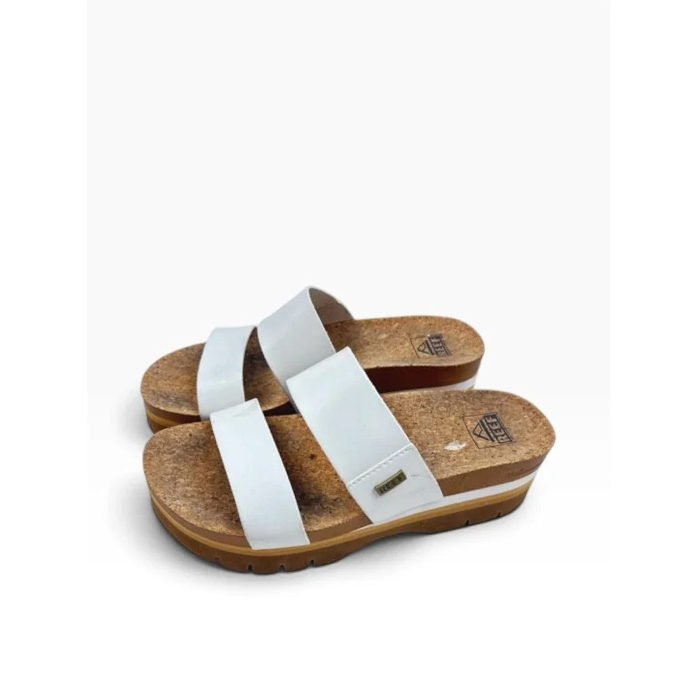 Reef Vista Hi White Platform Sandals Cork Wedge Double Strap Slide Womens